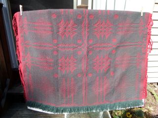 Wool Coverlet By William Leinbach - Date 1988 & Name Woven In Item - Red & Green photo