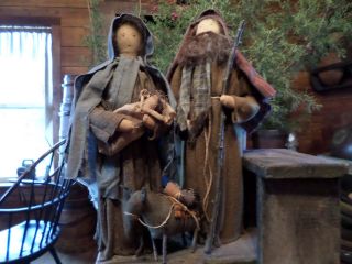 Primitive Christmas Mary,  Joseph,  Baby Jesus,  Nativity With Donkey photo
