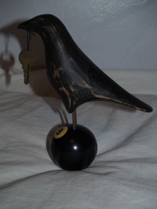 Rare Hand Carved Wood Iron Standing Crow On A Pool Ball 8 Sculture Bird photo
