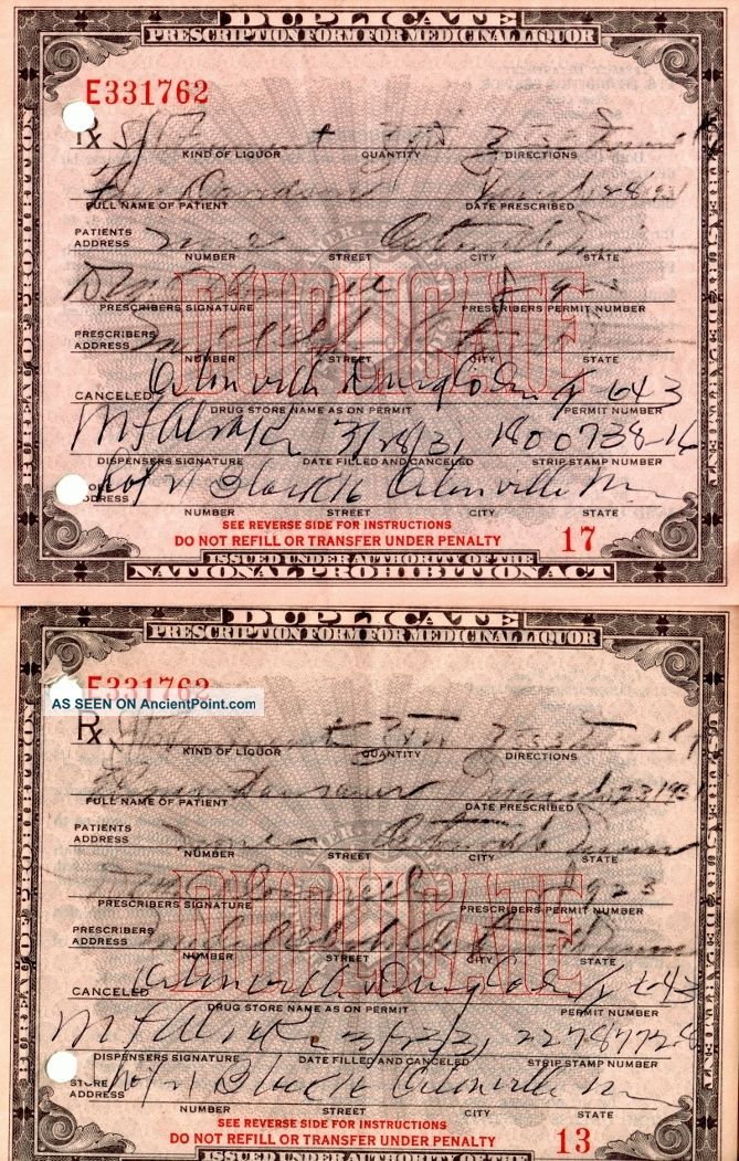 Two Prohibition Prescription Medical Whiskey Alcohol Antique Pharmacy Bar Doctor Other photo