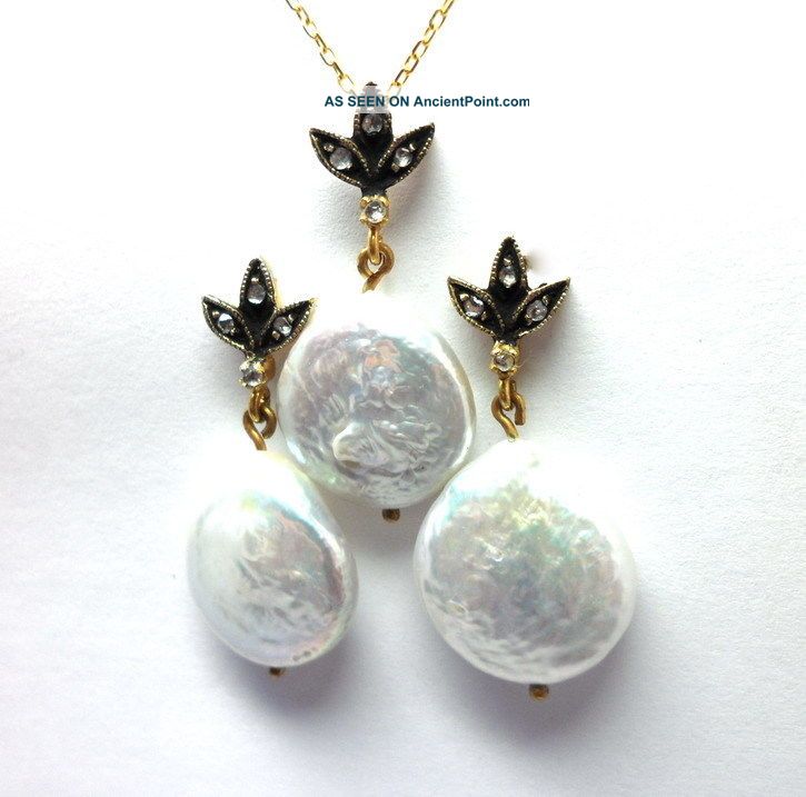 Rose Cut Diamond & Pearl Gold Plated Vintage Look Earrings,  Pendant Jewelry Set Islamic photo