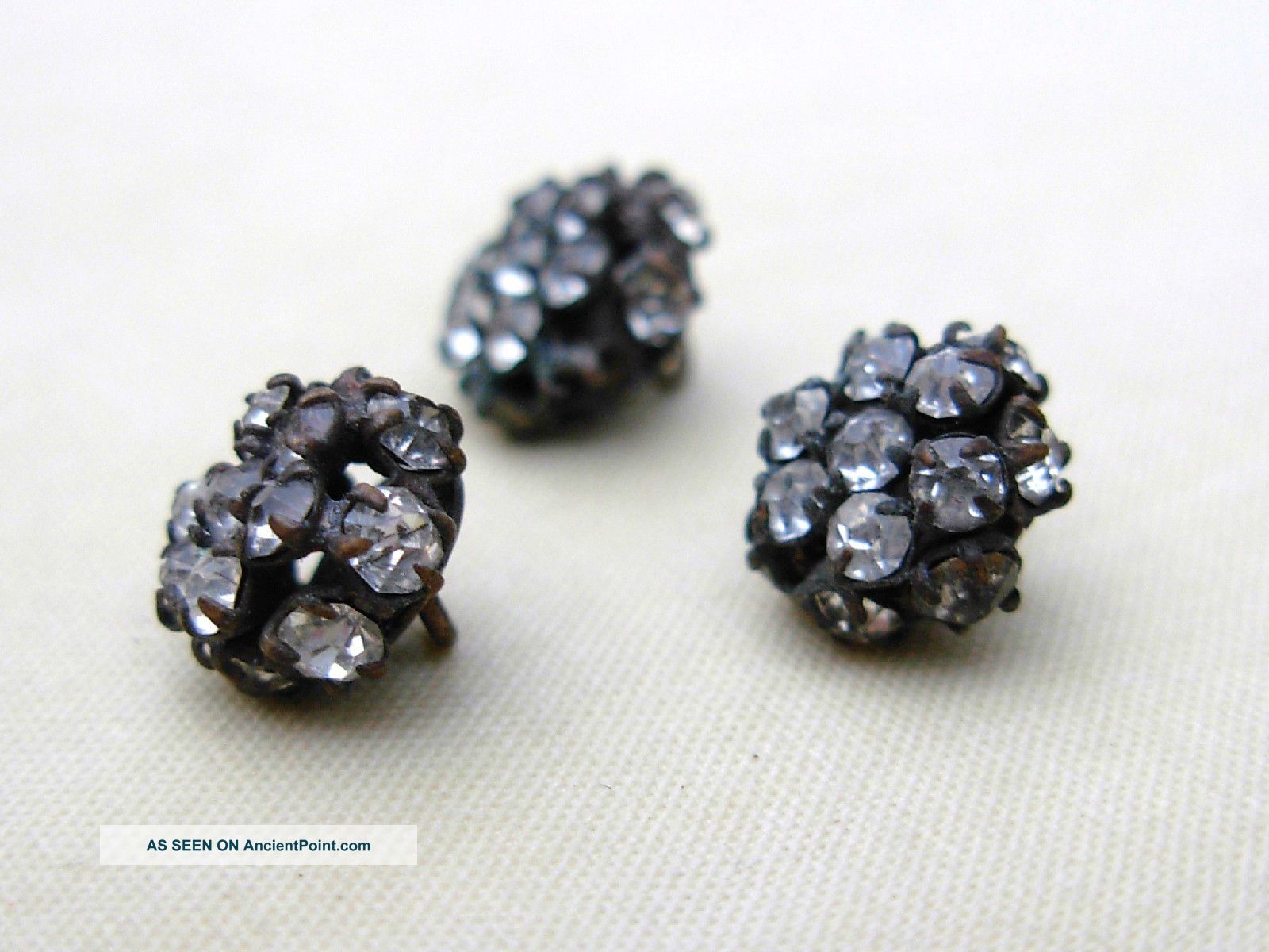 Antique - 3 Round Rhinestone & Metal Buttons Made Slovakia - Cho - Diminutive Buttons photo