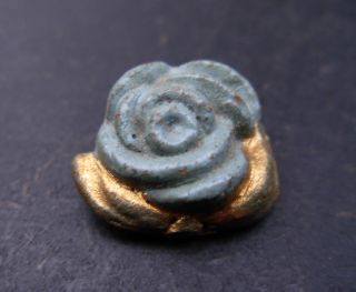 Antique - Handmade - Wood - Blue & Gold Rose - Button - 3/4 