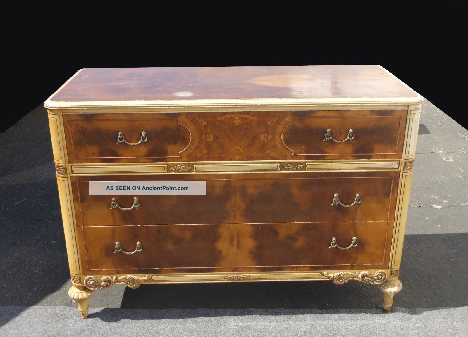 Vtg French Provincial Country Dresser Brown Burl Wood Veneer Chest Of Drawers Post-1950 photo