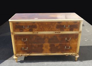 Vtg French Provincial Country Dresser Brown Burl Wood Veneer Chest Of Drawers photo