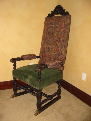 Vintage Ornate Barley Twist Carved Wood Throne Chair W Brass Feet photo