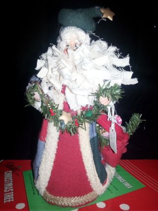 Vintage Fabric Santa W/ Rag Beard And Big Pouch Filled W/ Gifts Tree Topper - New photo