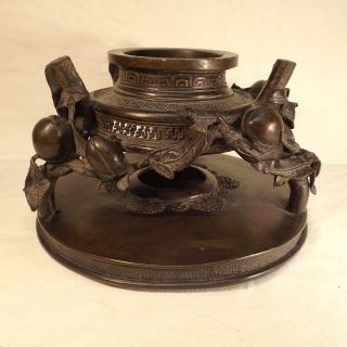 Antique Oriental Large Bronze Ornate Peach Vase Stand Japanese Chinese Asian Old photo