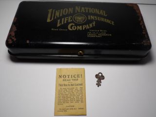 Antique 1910s Union National Life Insurance Company Advertising Lock Box & Key photo