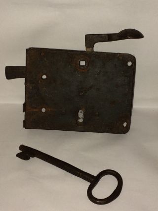 True Antique Iron Pennsylvania Dutch Elbow Door Lock + Skeleton Key German Set photo