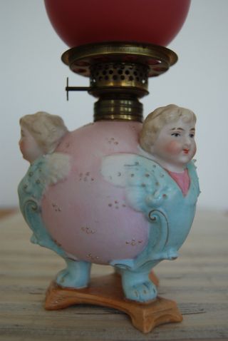 Figural Bisque Porcelain Cherub Angel Miniature Oil Gwtw Kerosene Old Glass Lamp photo