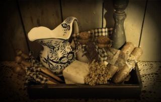 Primitive Gathering Tray Pitcher Bottles Soap Towels Pins Candles Drieds photo