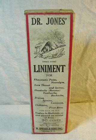 Antique Dr.  Jones Liniment 2 Oz.  Beaver Embossed Labeled Bottle In Box photo