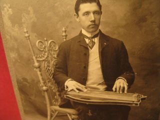19th C Cabinet Photo Of A Man Playing A Stringed Instrument Zither / Lap Harp photo