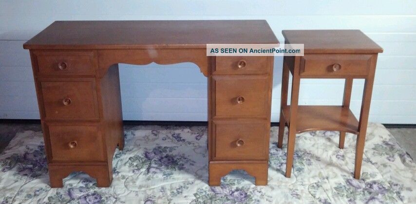 Vintage Antique Knee Hole Old Homestead Birch Wood Desk Whitney W/ Side Table Post-1950 photo