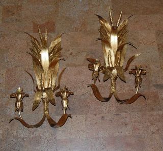 Pair Italian Gilt Tole Two Light Candle Sconces Wheat Sheaf Leaf - Non Electric photo