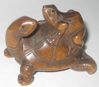 Lovely Boxwood Netsuke: Turtle Carrying Frog photo
