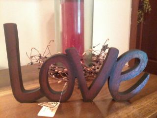 Primitive Love Wood Sign Decor Rustic Cracked Burgundy& Black New photo