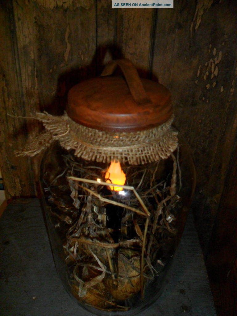 Primitive Early Style Pantry Jar,  Farmhouse Buttery Light,  Gourds,  Grass,  Rusty Lids Primitives photo