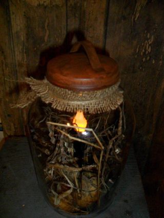 Primitive Early Style Pantry Jar,  Farmhouse Buttery Light,  Gourds,  Grass,  Rusty Lids photo