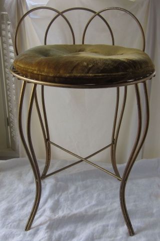 Hollywood Regency Vanity Chair Metal Gold Brass Seat Vintage Cushion photo