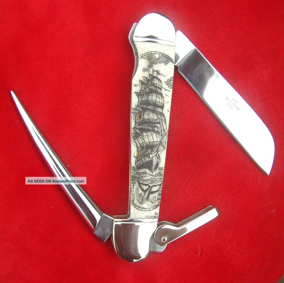 Double Sided Nautical Scrimshaw Art,  By Shar,  Marlin Spike,  Folding Knife/knives Scrimshaws photo