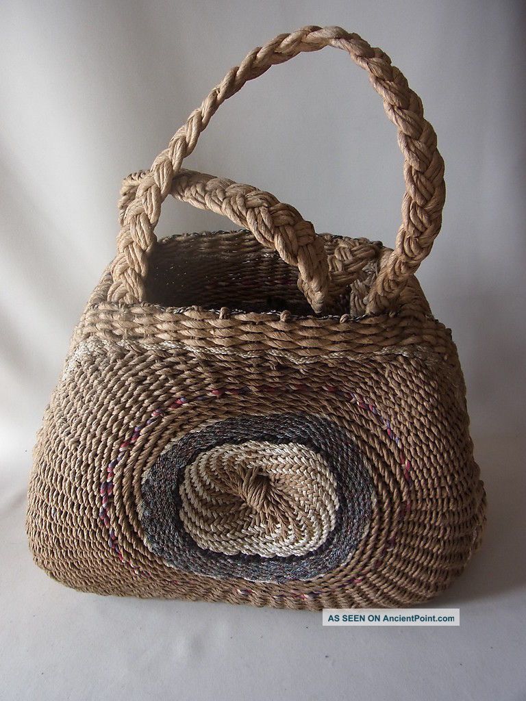 Rare Antique Handmade Straw Handle Bag 1 Primitives photo
