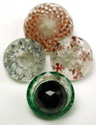 4 Antique Glass Buttons Various Back Painted Design photo