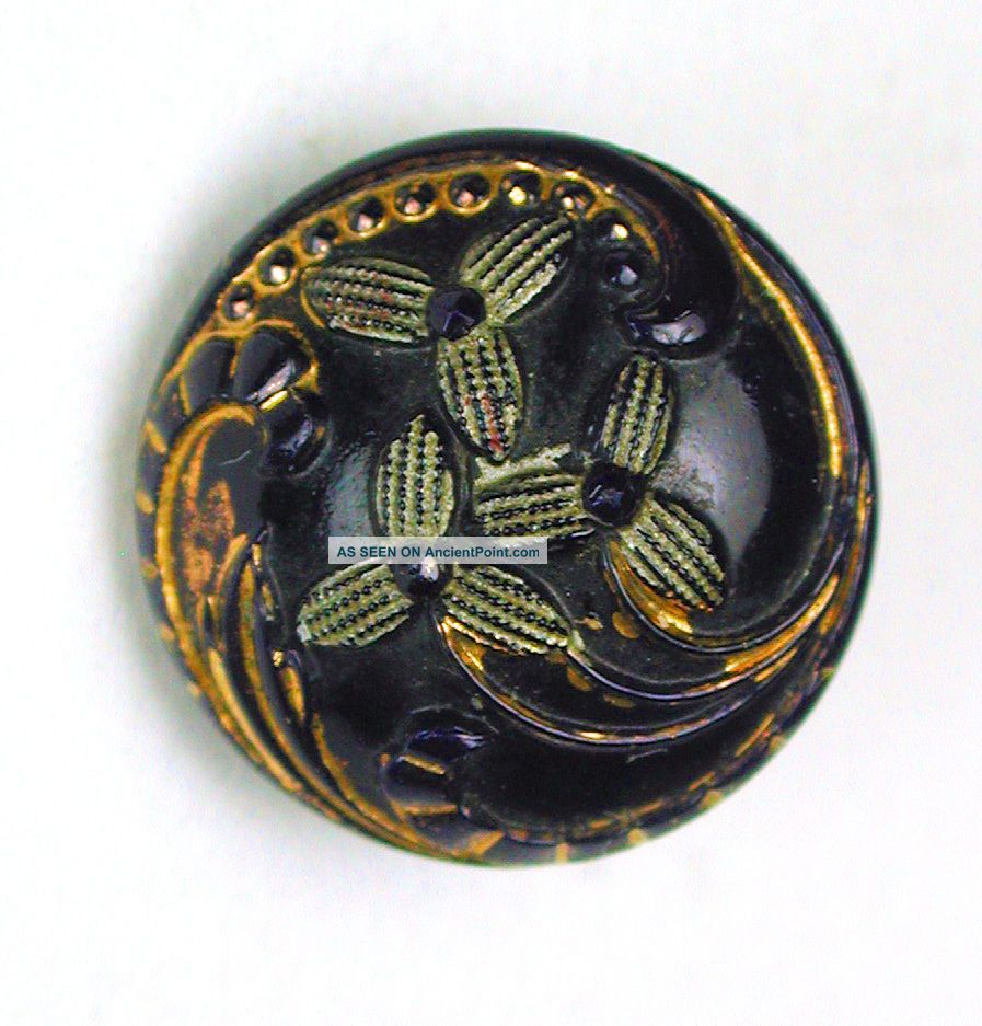 Antique Victorian Glass Button Cobalt Floral W/ Gold Luster & Paint Accents Buttons photo