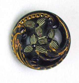 Antique Victorian Glass Button Cobalt Floral W/ Gold Luster & Paint Accents photo