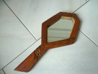 Vintage French Wooden Carved Hand Made Hand Mirror photo