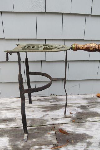 Vintage Fireplace Tripod Trivet Brass Cast Iron Turned Wooden Handle photo