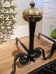 18thc Antique Brass Ball Faces Finial Wrought Forged Iron Andirions Fire Dogs Hearth Ware photo 8