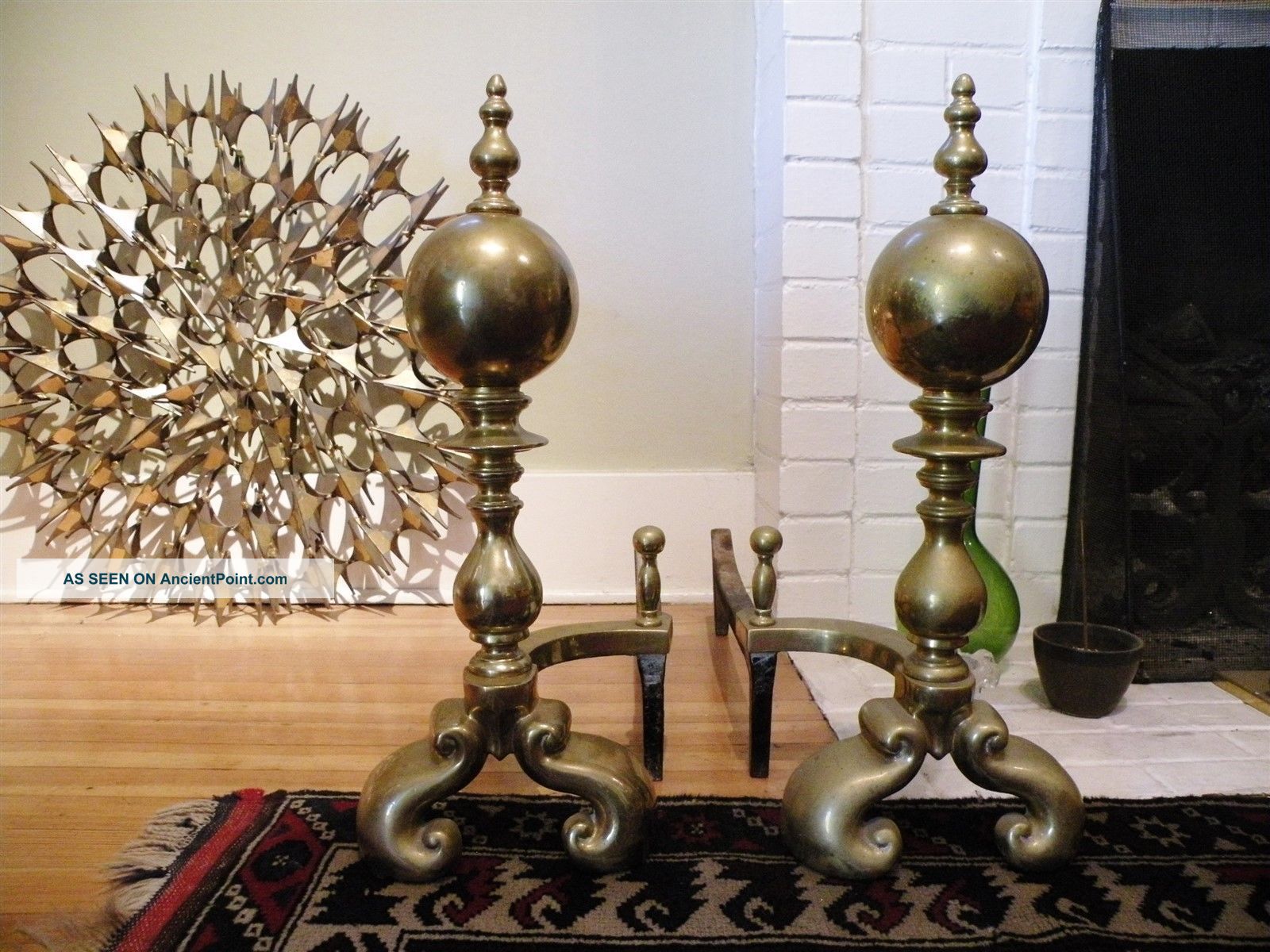 Antique 22” Large Brass Ball Traditional Andirons Fire Dogs W Log Holders Hearth Ware photo