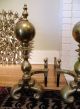 Antique 22” Large Brass Ball Traditional Andirons Fire Dogs W Log Holders Hearth Ware photo 1