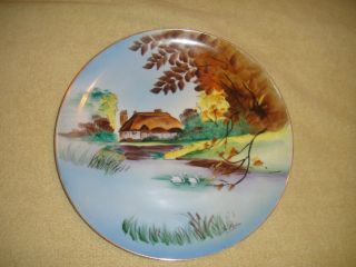 Vintage Handpainted Plate - Hut By Water - Swans - Signed Yochidas? - Fall Foliage photo