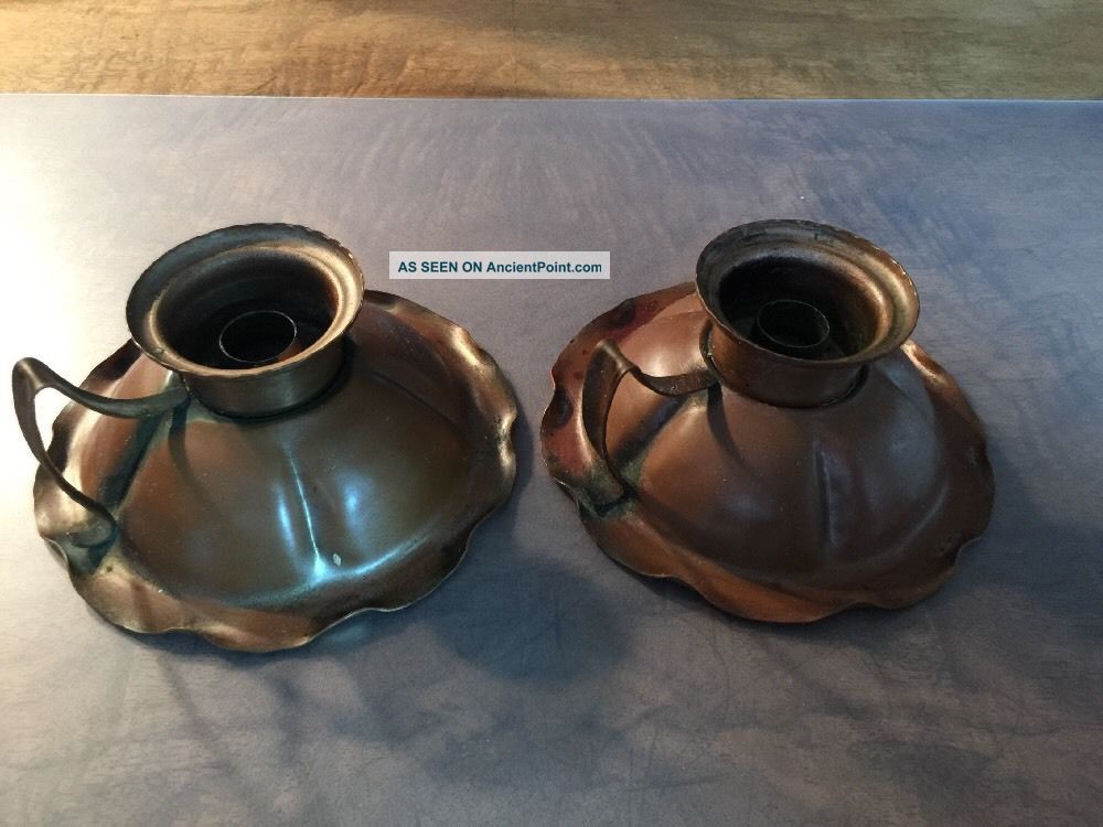 Pair Craftsman 114 Copper Candle Stick Holders Signed Hammered Antique Art Metalware photo
