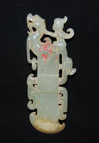 Rare Chinese Han Dy Old Jade Carved Person Ride Animal Axe Figure L 12.  0 Cm photo