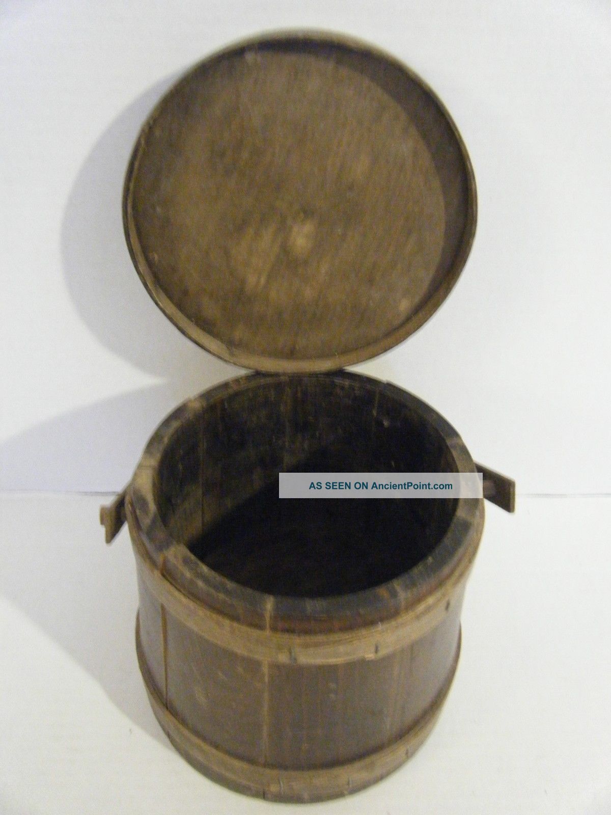 Antique Wooden Sugar Berry Firkin W/ Walnut Finish & Lid Pantry Box Swing Handle Primitives photo