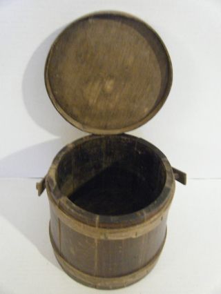 Antique Wooden Sugar Berry Firkin W/ Walnut Finish & Lid Pantry Box Swing Handle photo