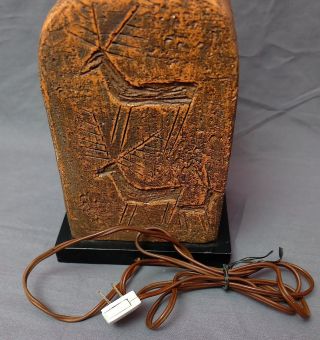 Mid Century Studio Brutalist Tall Table Lamp Incised Deer photo