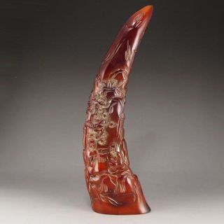 Antique Chinese Hand Carved Horn With Intricate Landscape And Figure Design photo