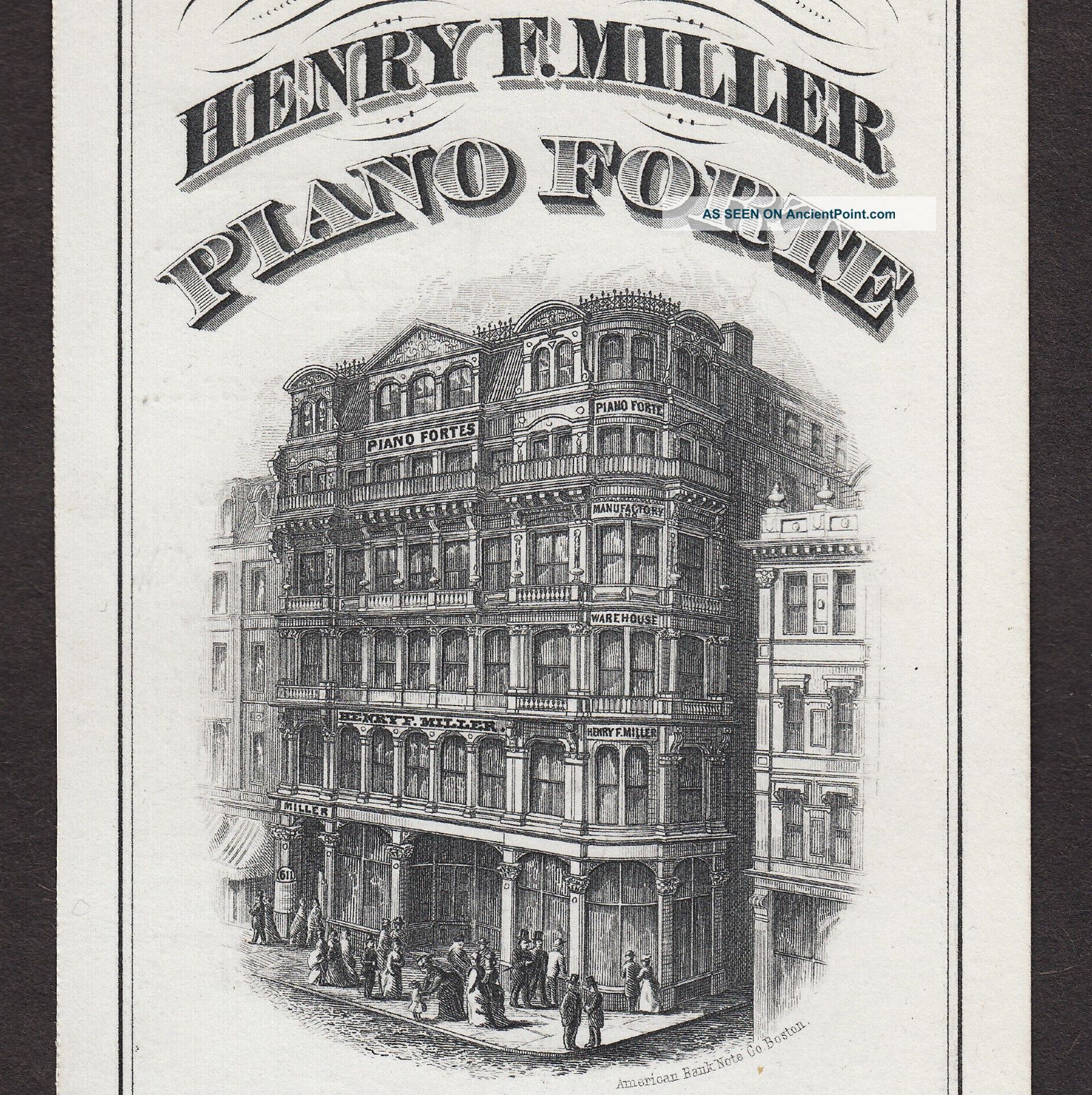 1870 ' S Henry F Miller Piano Forte Boston Factory Antique Advertising Trade Card Keyboard photo