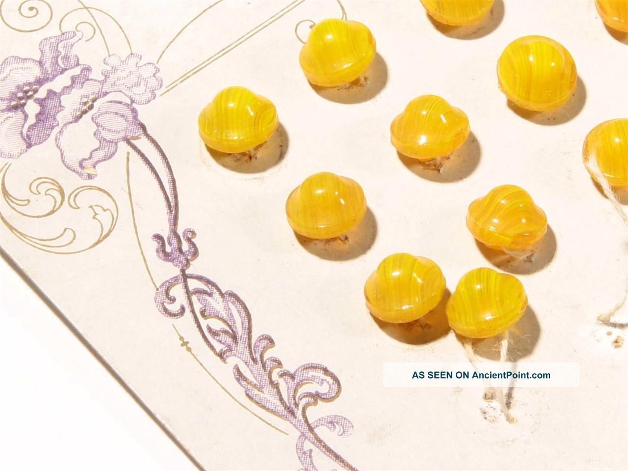 Card (19) 9mm Czech Bohemian Vtg Yellow Givre Doll Ball Glass Buttons Buttons photo