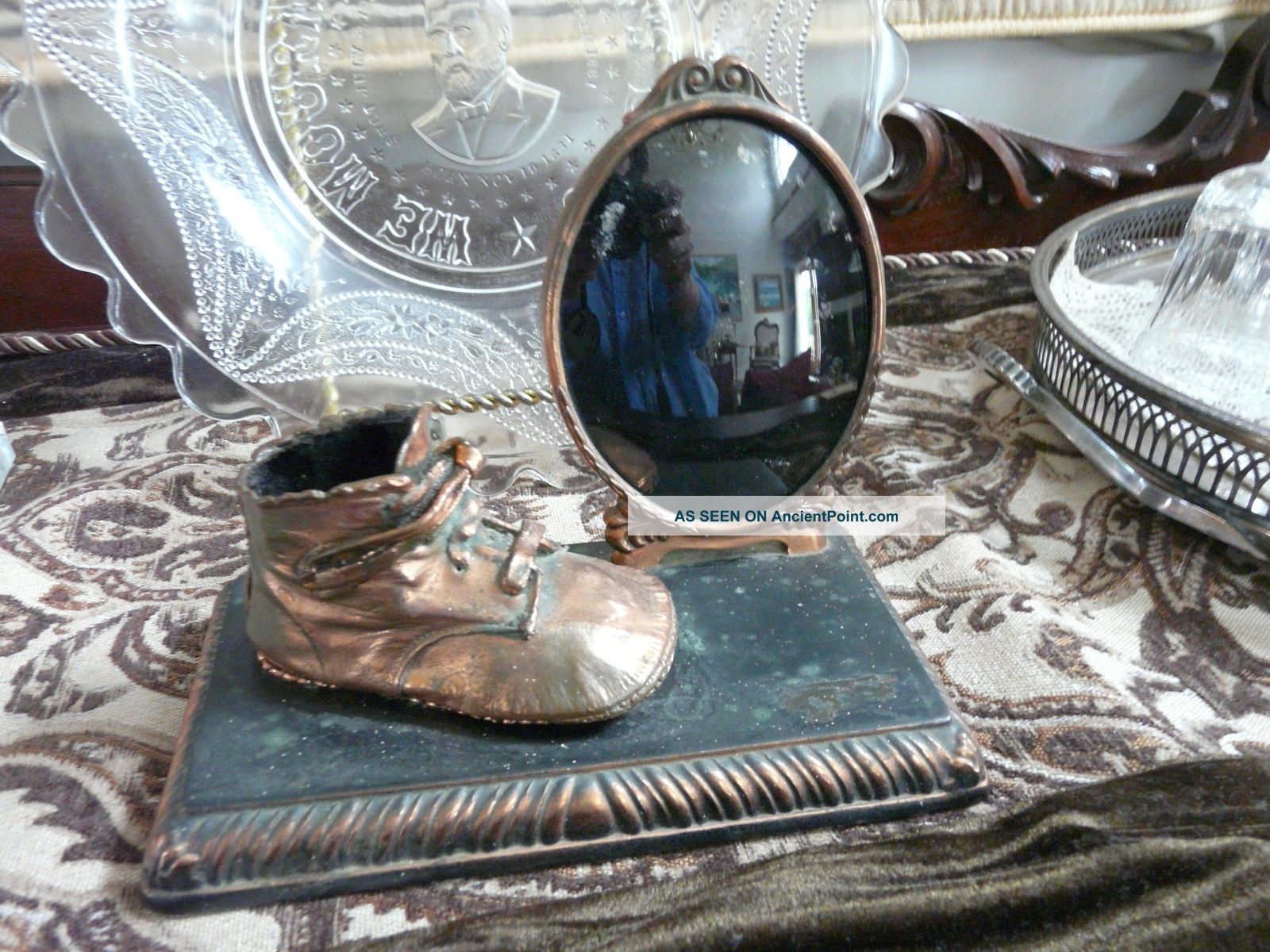 Antique Baby Frame Convex Glass And Bronze Baby Girls Shoe Metalware photo