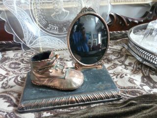 Antique Baby Frame Convex Glass And Bronze Baby Girls Shoe photo