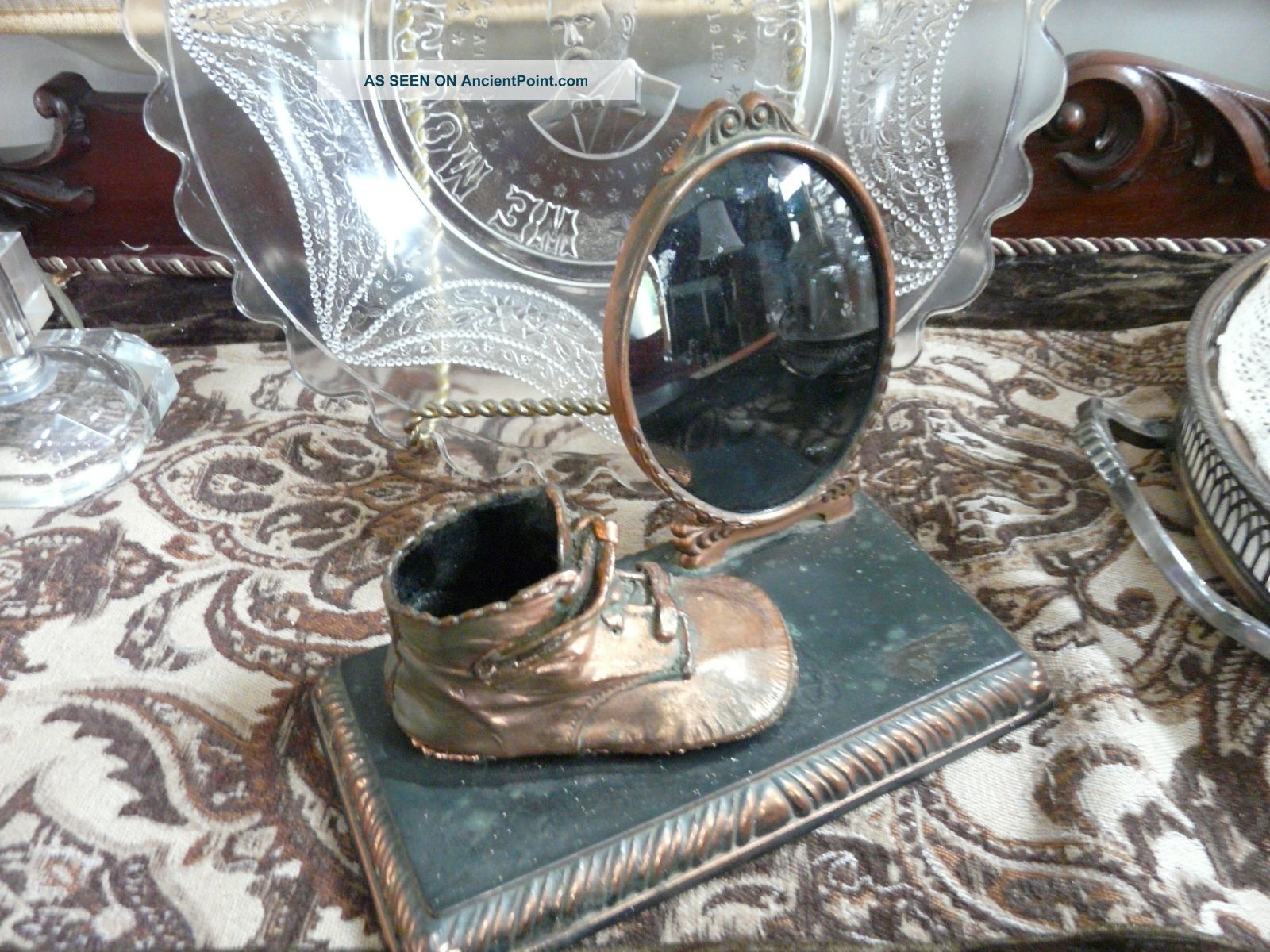 Antique Baby Frame Convex Glass And Bronze Baby Girls Shoe
