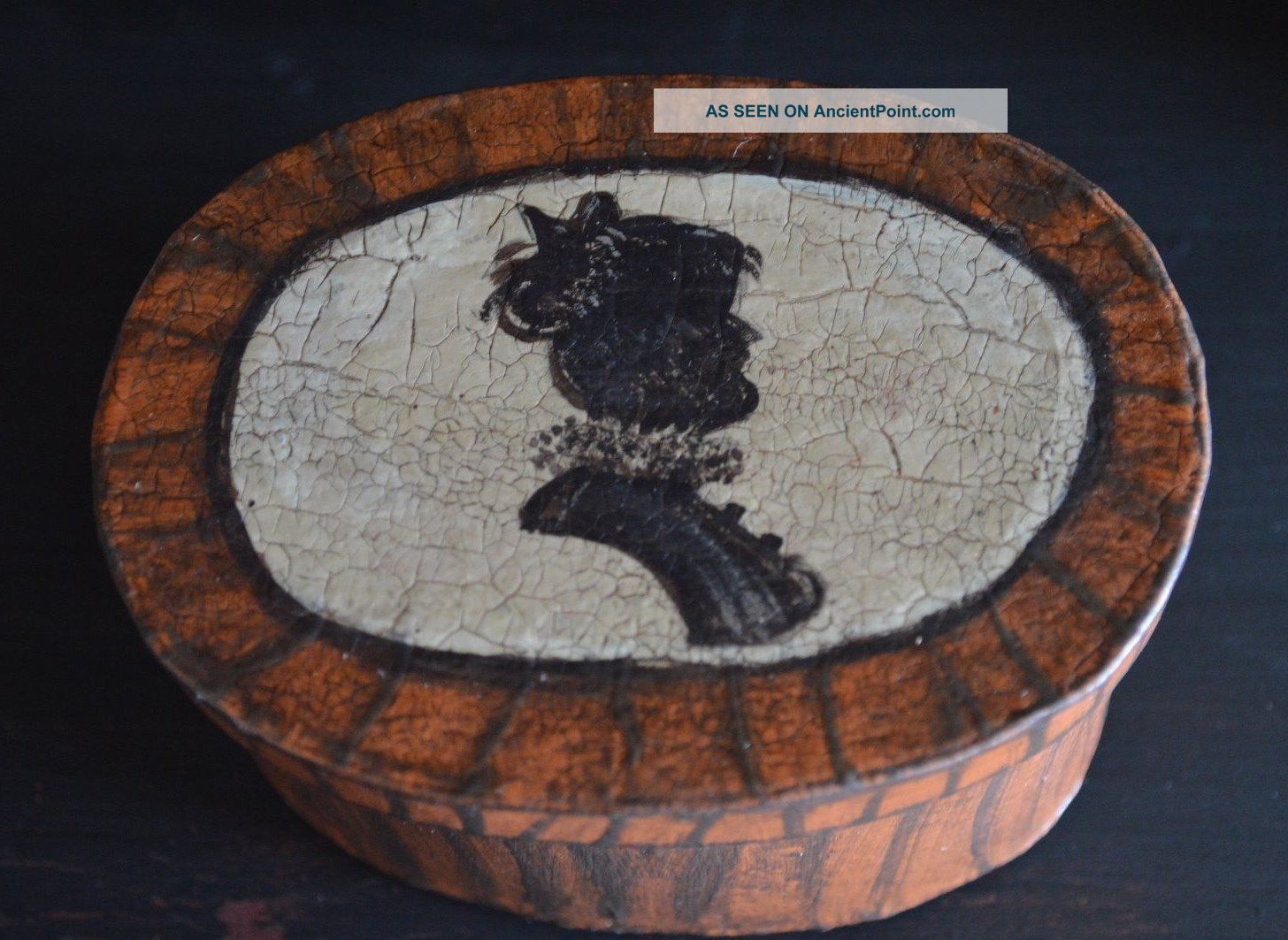 Primitive Folk Art Hand Painted Woman Silhouette Paper Mache Oval Box 4 