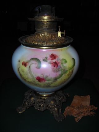 Antique 1800s Victorian Fostoria Oil Lamp Gwtw Hand Painted Font,  Wick photo