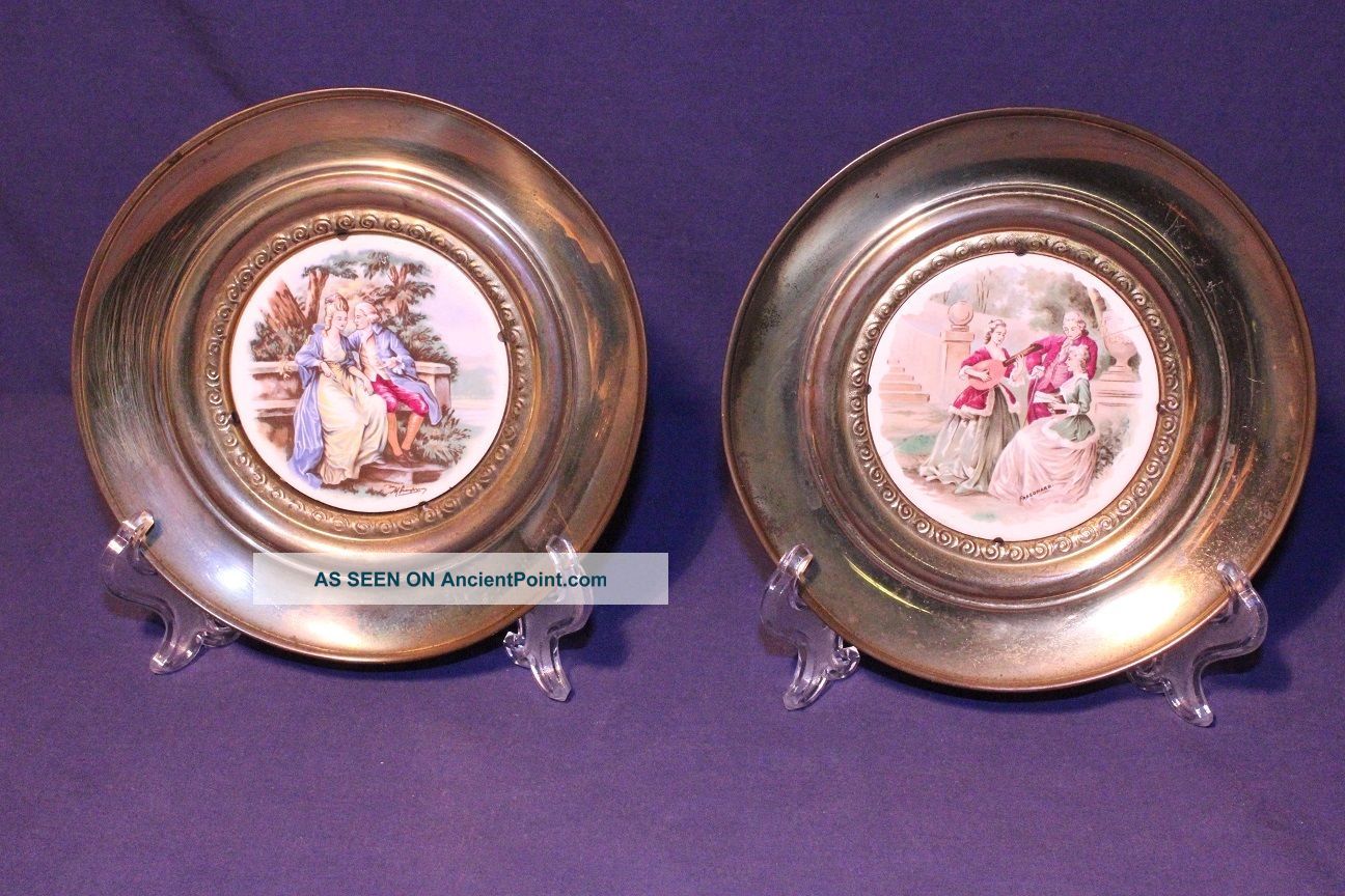 Brass Wall Hanging Plates W/ Art On Bone China Inlays Signed Metalware photo